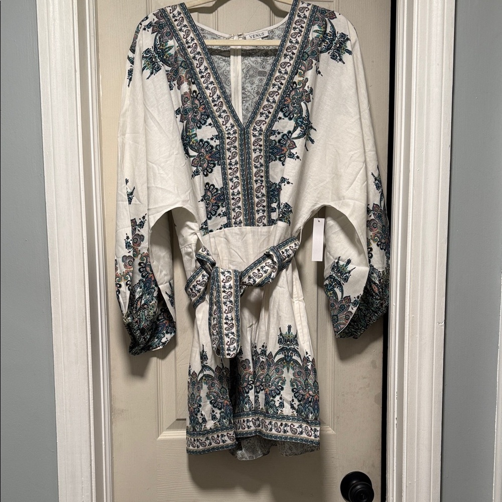 VENUS White and Blue Patterned Romper